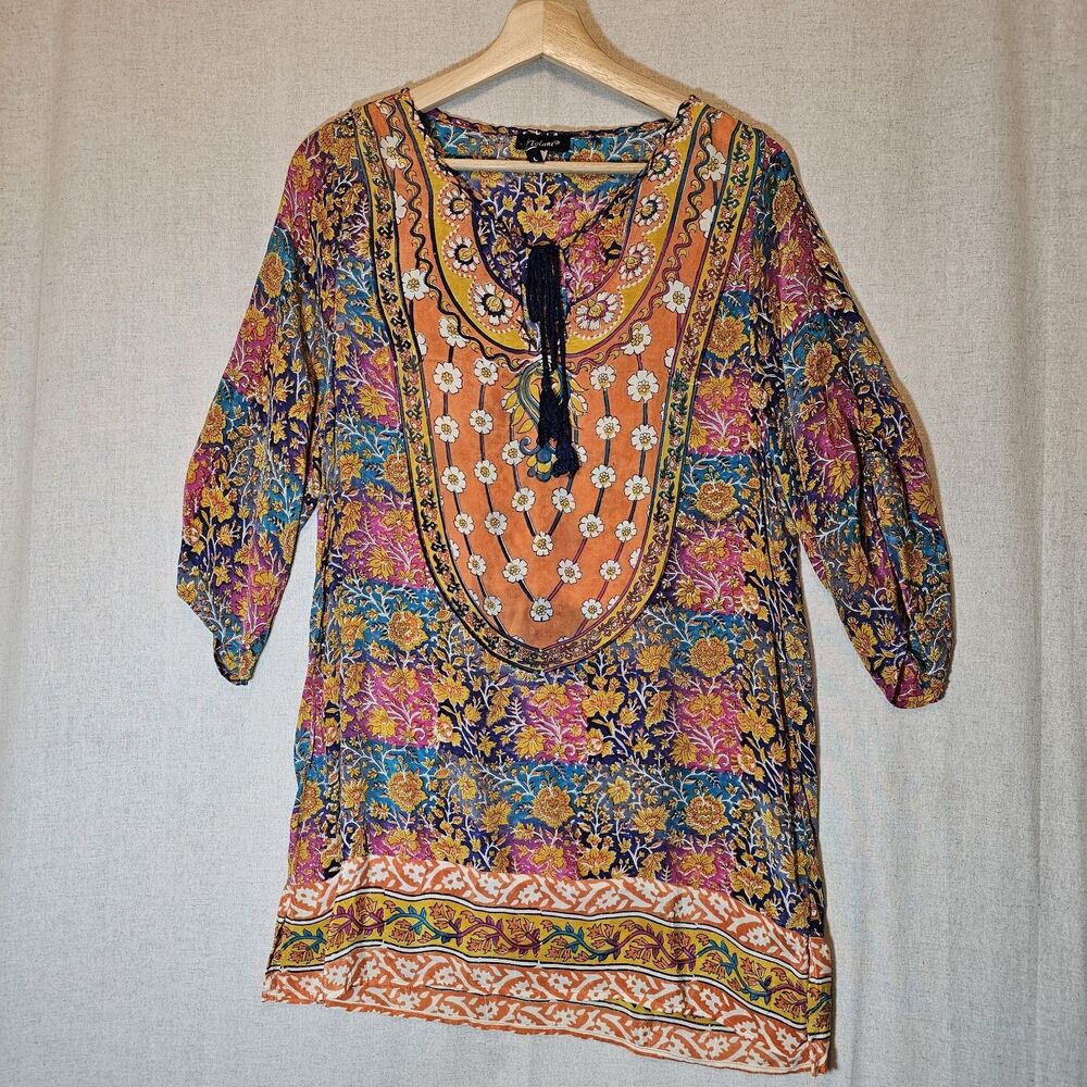 TOLANI Womens Large Floral Orange Pink 100% Silk Tied Neck Tunic Mini Dress